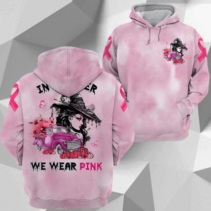 In October We Wear Pink, Shirts For Breast Cancer Family Member, Halloween Truck With Sunflower, Pumpkin & Witch, Name Can Be Changed