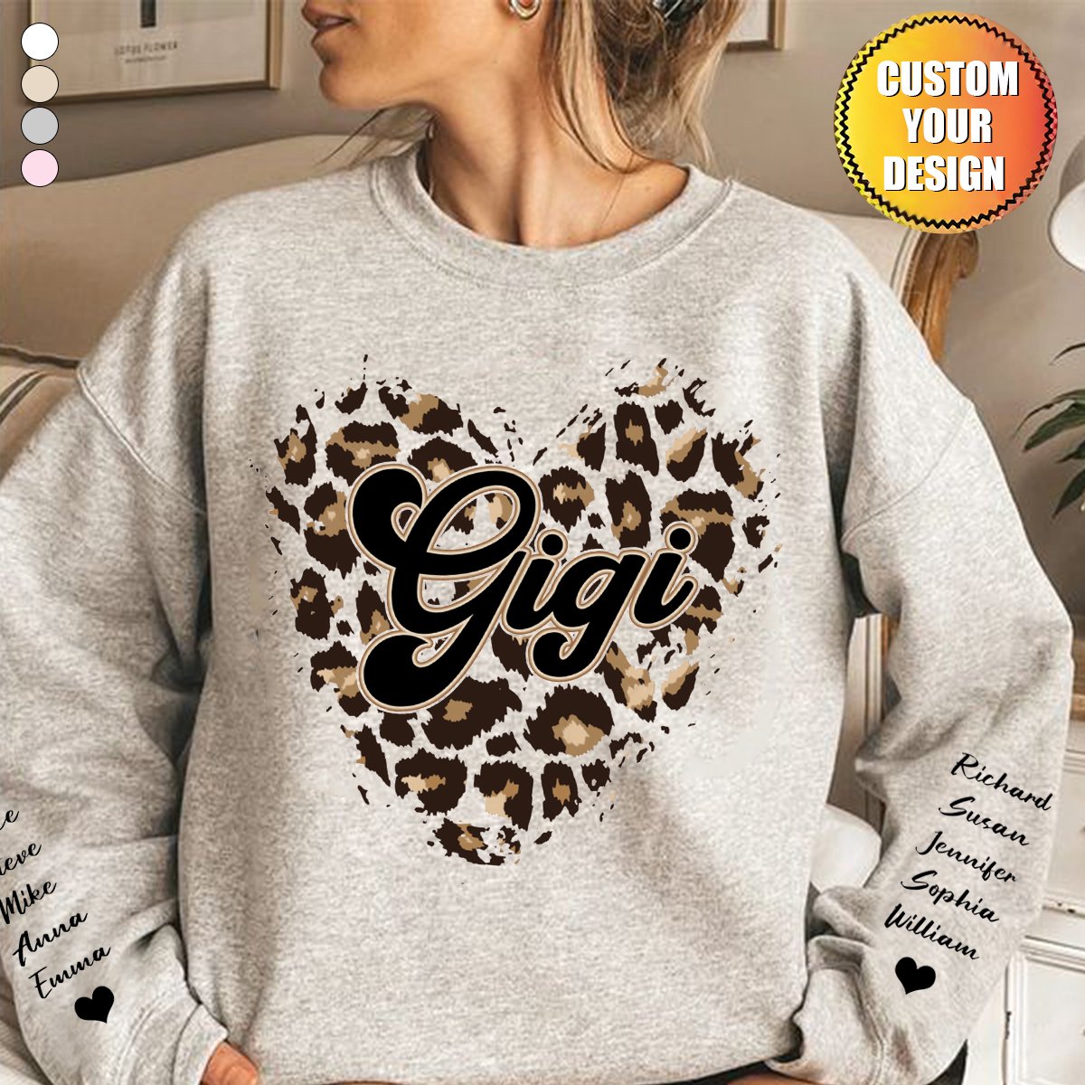 Grandma Heart Leopard Pattern Personalized Sweatshirt Sleeve Kid Names