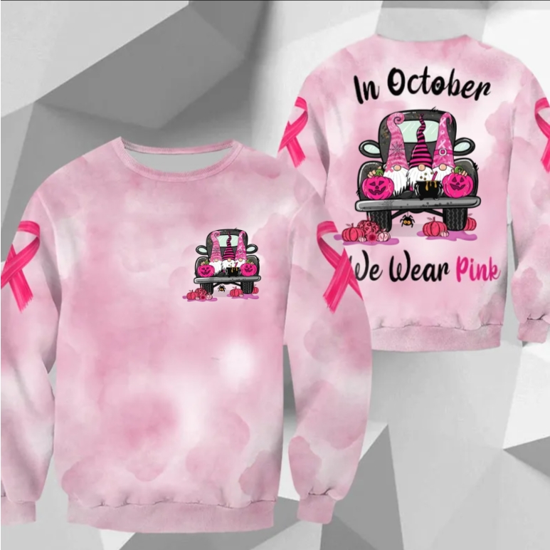In October We Wear Pink, All Over Print Shirts For Breast Cancer Family Member, Halloween Truck & Gnomes, Name & Truck's Color Can Be Changed