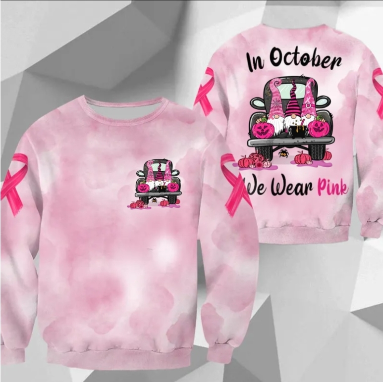 In October We Wear Pink, All Over Print Shirts For Breast Cancer Family Member, Halloween Truck & Gnomes, Name & Truck's Color Can Be Changed