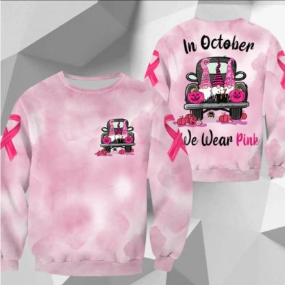 In October We Wear Pink, All Over Print Shirts For Breast Cancer Family Member, Halloween Truck & Gnomes, Name & Truck's Color Can Be Changed