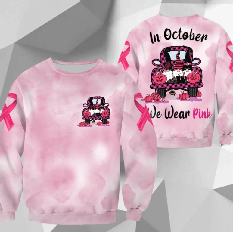 In October We Wear Pink, All Over Print Shirts For Breast Cancer Family Member, Halloween Truck & Gnomes, Name & Truck's Color Can Be Changed