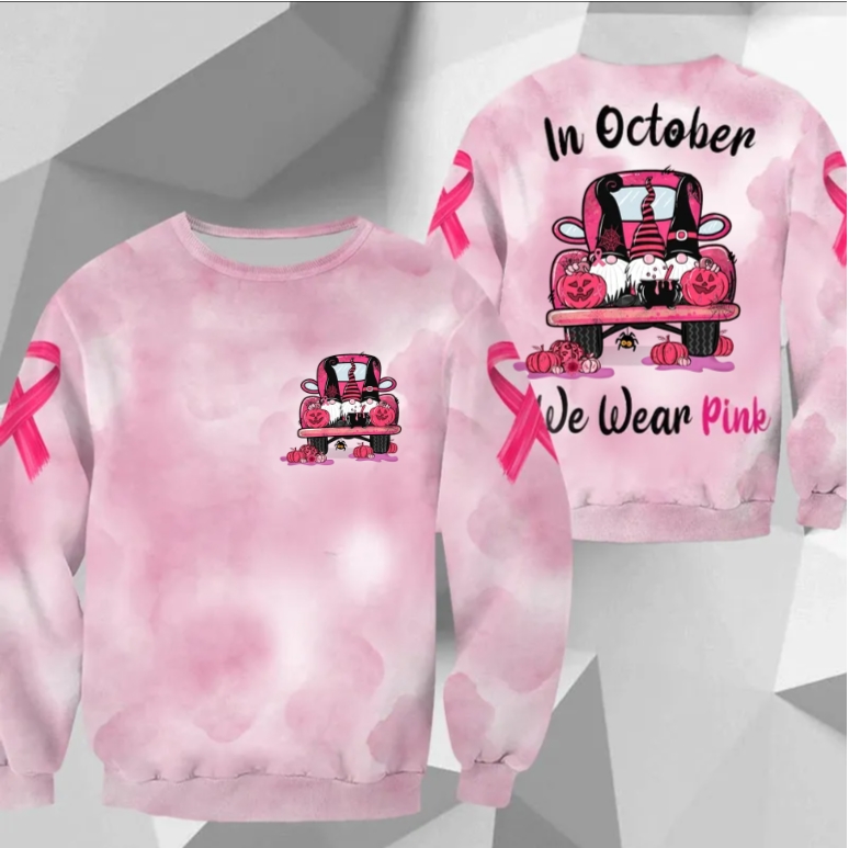 In October We Wear Pink, All Over Print Shirts For Breast Cancer Family Member, Halloween Truck & Gnomes, Name & Truck's Color Can Be Changed