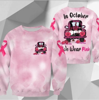 In October We Wear Pink, All Over Print Shirts For Breast Cancer Family Member, Halloween Truck & Gnomes, Name & Truck's Color Can Be Changed
