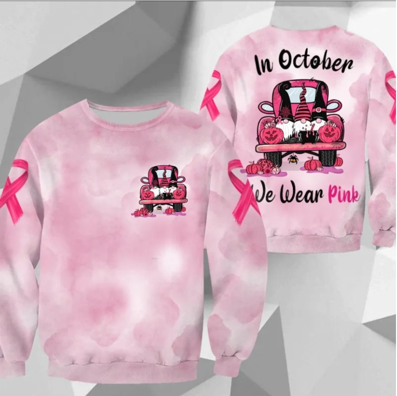 In October We Wear Pink, All Over Print Shirts For Breast Cancer Family Member, Halloween Truck & Gnomes, Name & Truck's Color Can Be Changed