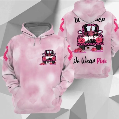 In October We Wear Pink, All Over Print Shirts For Breast Cancer Family Member, Halloween Truck & Gnomes, Name & Truck's Color Can Be Changed