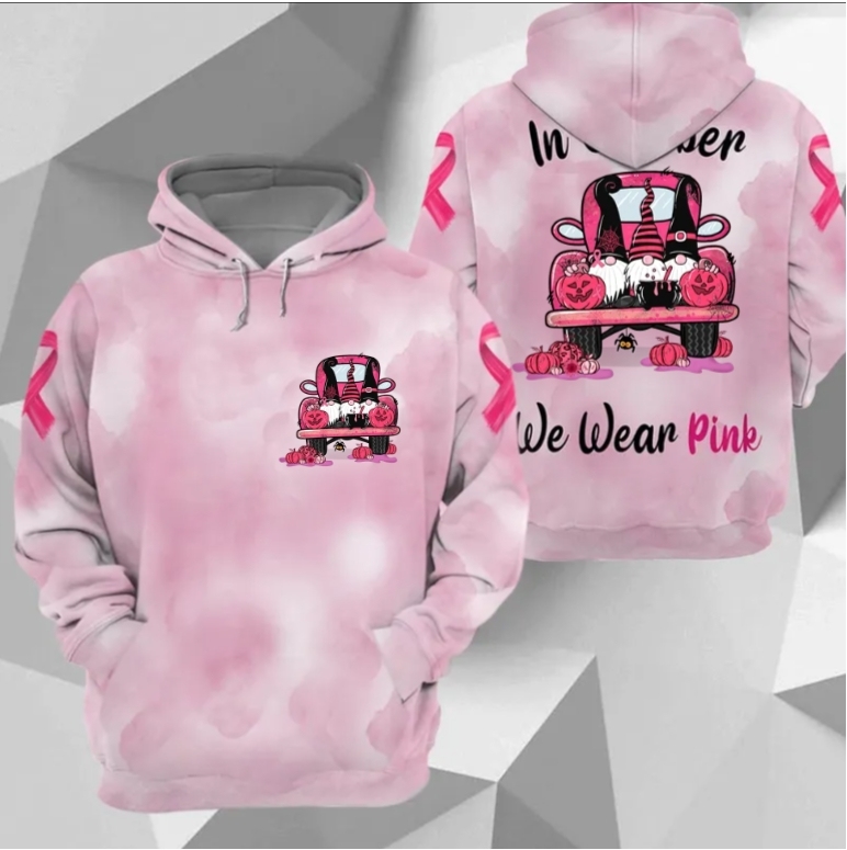 In October We Wear Pink, All Over Print Shirts For Breast Cancer Family Member, Halloween Truck & Gnomes, Name & Truck's Color Can Be Changed