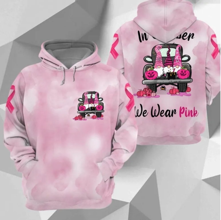 In October We Wear Pink, All Over Print Shirts For Breast Cancer Family Member, Halloween Truck & Gnomes, Name & Truck's Color Can Be Changed