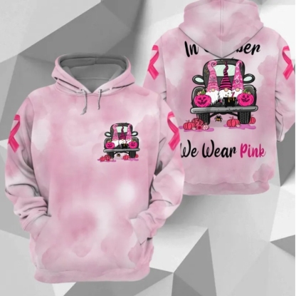 In October We Wear Pink, All Over Print Shirts For Breast Cancer Family Member, Halloween Truck & Gnomes, Name & Truck's Color Can Be Changed