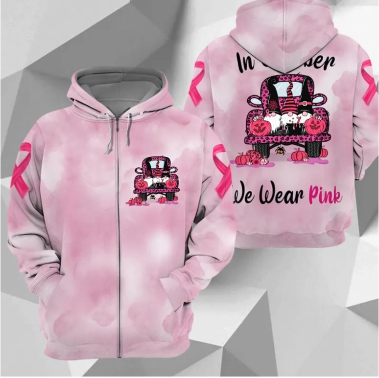 In October We Wear Pink, All Over Print Shirts For Breast Cancer Family Member, Halloween Truck & Gnomes, Name & Truck's Color Can Be Changed