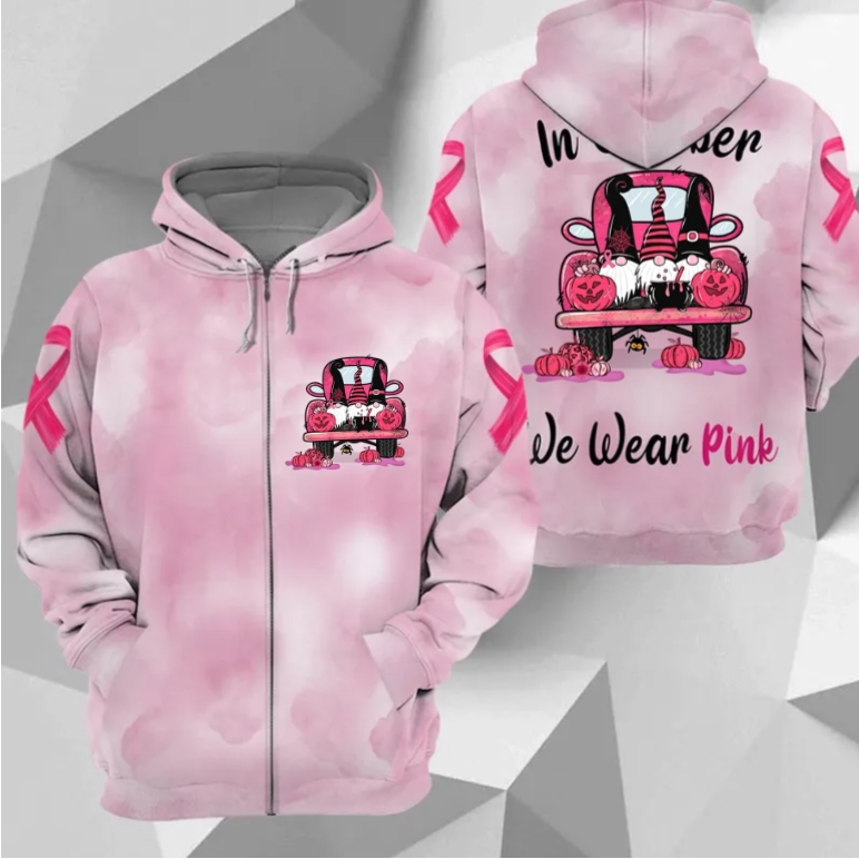 In October We Wear Pink, All Over Print Shirts For Breast Cancer Family Member, Halloween Truck & Gnomes, Name & Truck's Color Can Be Changed
