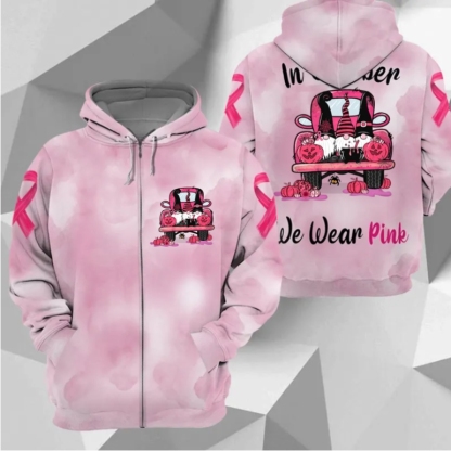 In October We Wear Pink, All Over Print Shirts For Breast Cancer Family Member, Halloween Truck & Gnomes, Name & Truck's Color Can Be Changed