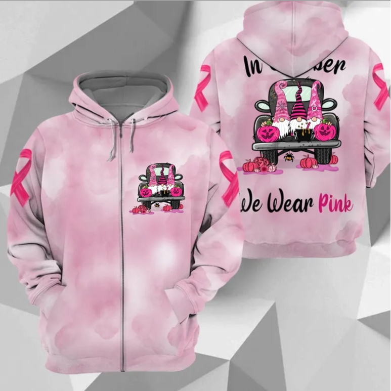 In October We Wear Pink, All Over Print Shirts For Breast Cancer Family Member, Halloween Truck & Gnomes, Name & Truck's Color Can Be Changed