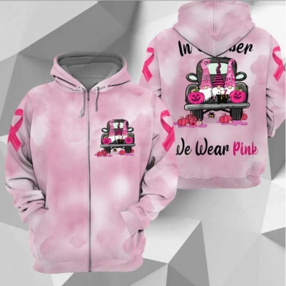 In October We Wear Pink, All Over Print Shirts For Breast Cancer Family Member, Halloween Truck & Gnomes, Name & Truck's Color Can Be Changed