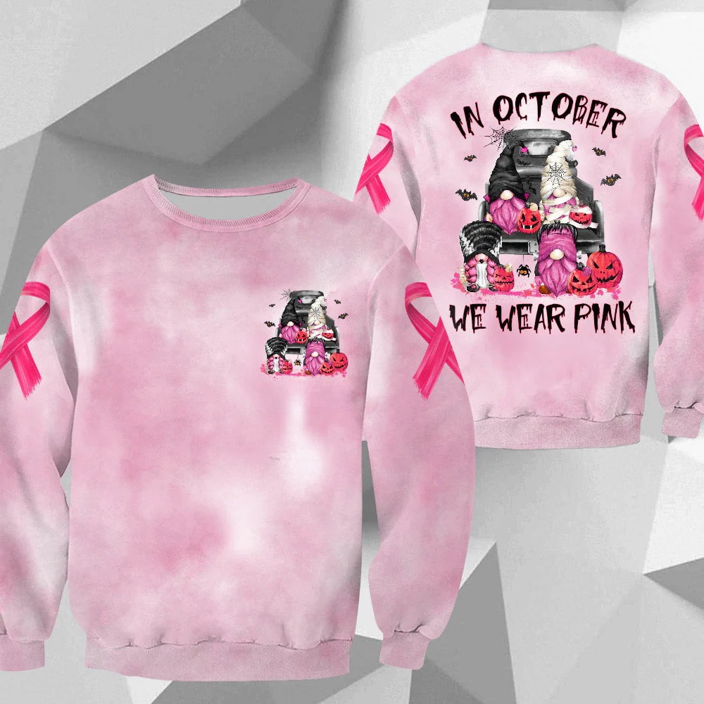 In October We Wear Pink, Shirts For Helping Raise Awareness Of Breast Cancer, Halloween Gnomes Art Print, Name Can Be Changed