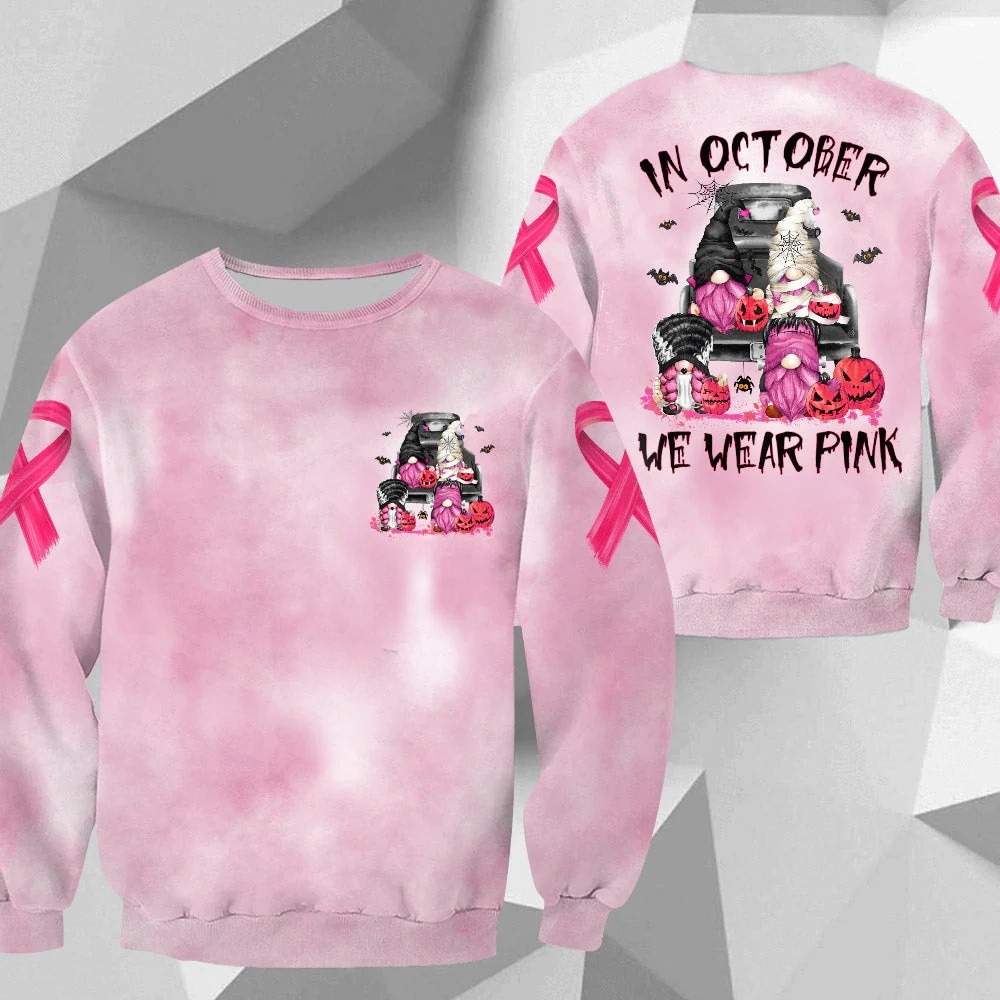 In October We Wear Pink, Shirts For Helping Raise Awareness Of Breast Cancer, Halloween Gnomes Art Print, Name Can Be Changed