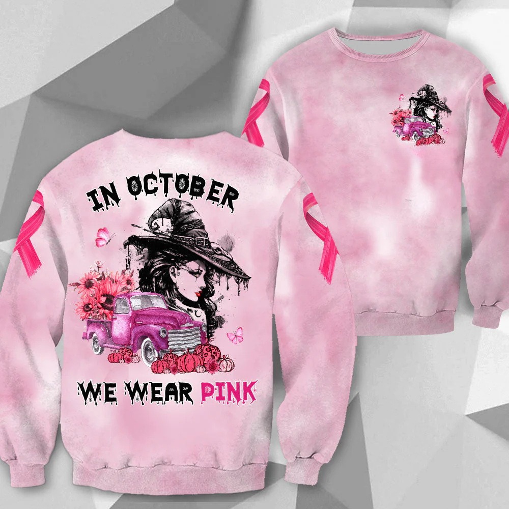In October We Wear Pink, Shirts For Breast Cancer Family Member, Halloween Truck With Sunflower, Pumpkin & Witch, Name Can Be Changed