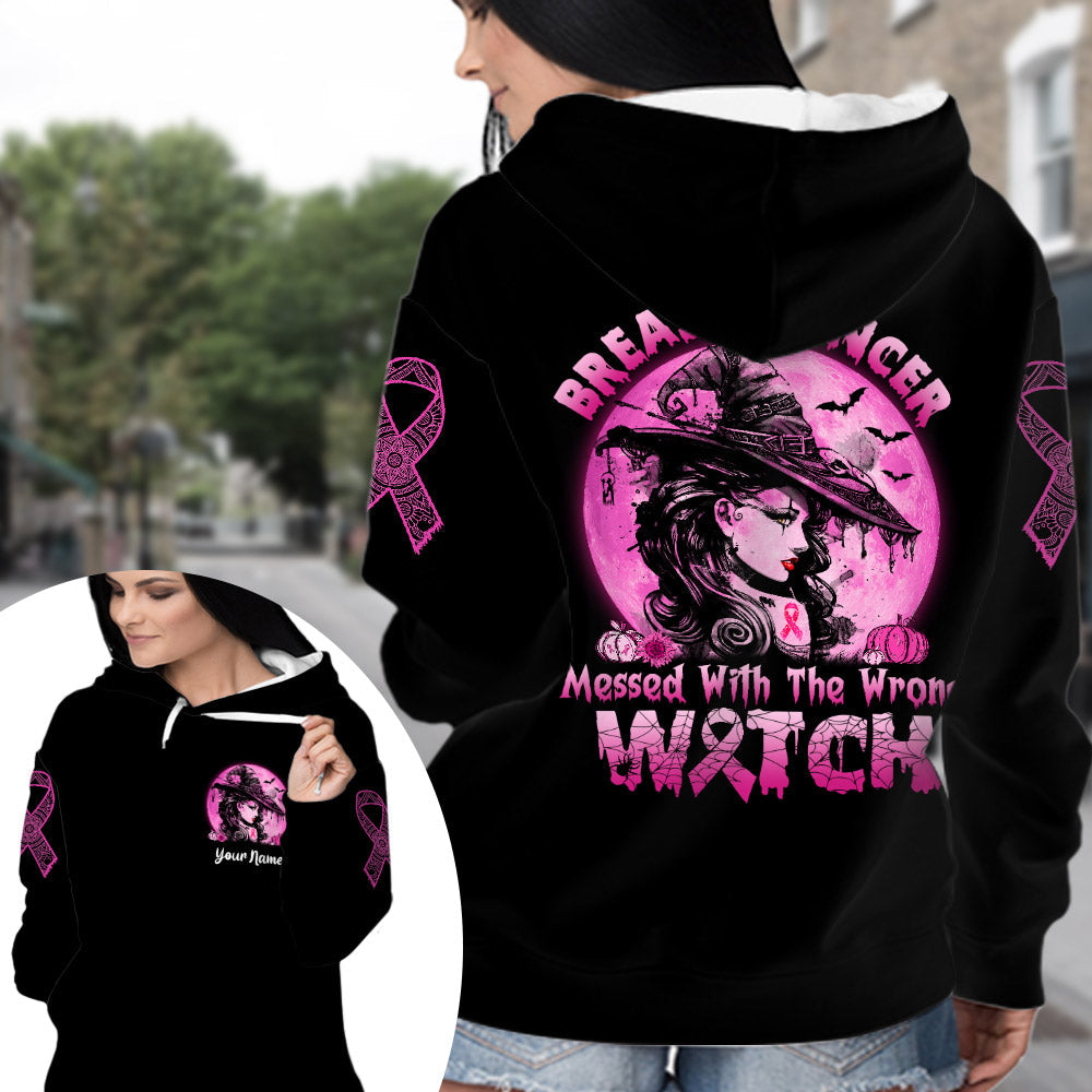 Breast Cancer Messed With The Wrong Witch, All Over Print Shirt For Breast Cancer Awareness, Happy Halloween, Name Can Be Changed
