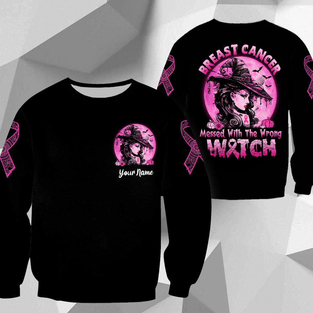 Breast Cancer Messed With The Wrong Witch, All Over Print Shirt For Breast Cancer Awareness, Happy Halloween, Name Can Be Changed