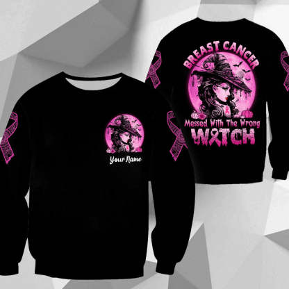 Breast Cancer Messed With The Wrong Witch, All Over Print Shirt For Breast Cancer Awareness, Happy Halloween, Name Can Be Changed