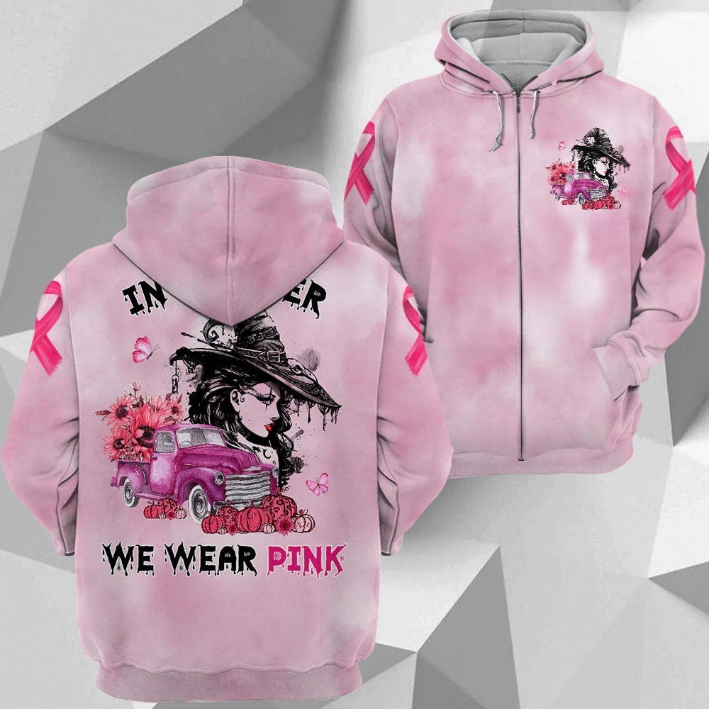 In October We Wear Pink, Shirts For Breast Cancer Family Member, Halloween Truck With Sunflower, Pumpkin & Witch, Name Can Be Changed