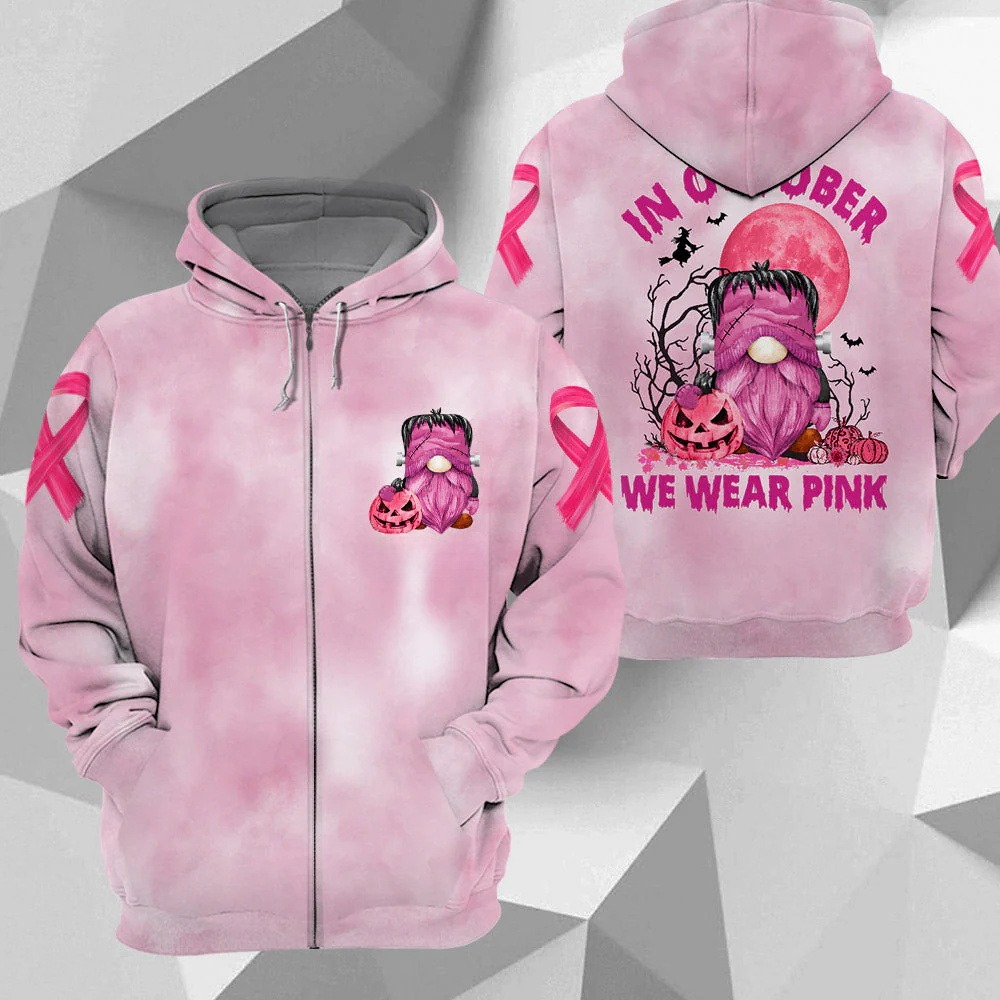 In October We Wear Pink, Shirts For Helping Raise Awareness Of Breast Cancer, Frankenstein Gnome Halloween, Name Can Be Changed
