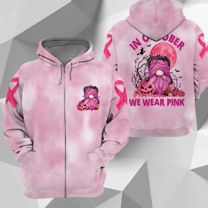 In October We Wear Pink, Shirts For Helping Raise Awareness Of Breast Cancer, Frankenstein Gnome Halloween, Name Can Be Changed