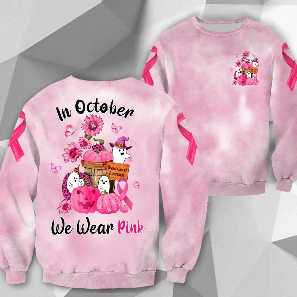In October We Wear Pink, Shirts For Breast Cancer Family Member, Funny Little Ghost & Pumpkin, Name Can Be Changed