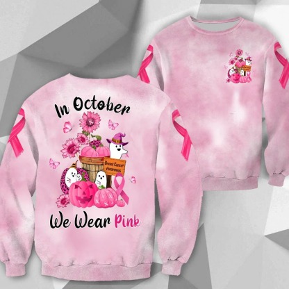 In October We Wear Pink, Shirts For Breast Cancer Family Member, Funny Little Ghost & Pumpkin, Name Can Be Changed