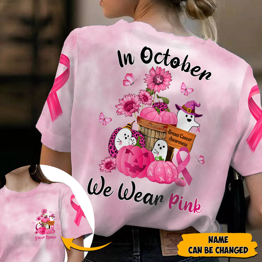 In October We Wear Pink, Shirts For Breast Cancer Family Member, Funny Little Ghost & Pumpkin, Name Can Be Changed