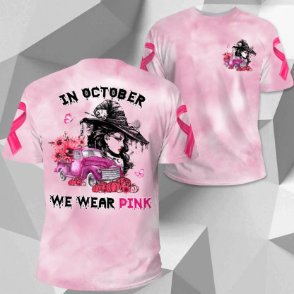 In October We Wear Pink, Shirts For Breast Cancer Family Member, Halloween Truck With Sunflower, Pumpkin & Witch, Name Can Be Changed