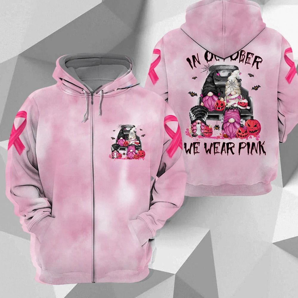 In October We Wear Pink, Shirts For Helping Raise Awareness Of Breast Cancer, Halloween Gnomes Art Print, Name Can Be Changed