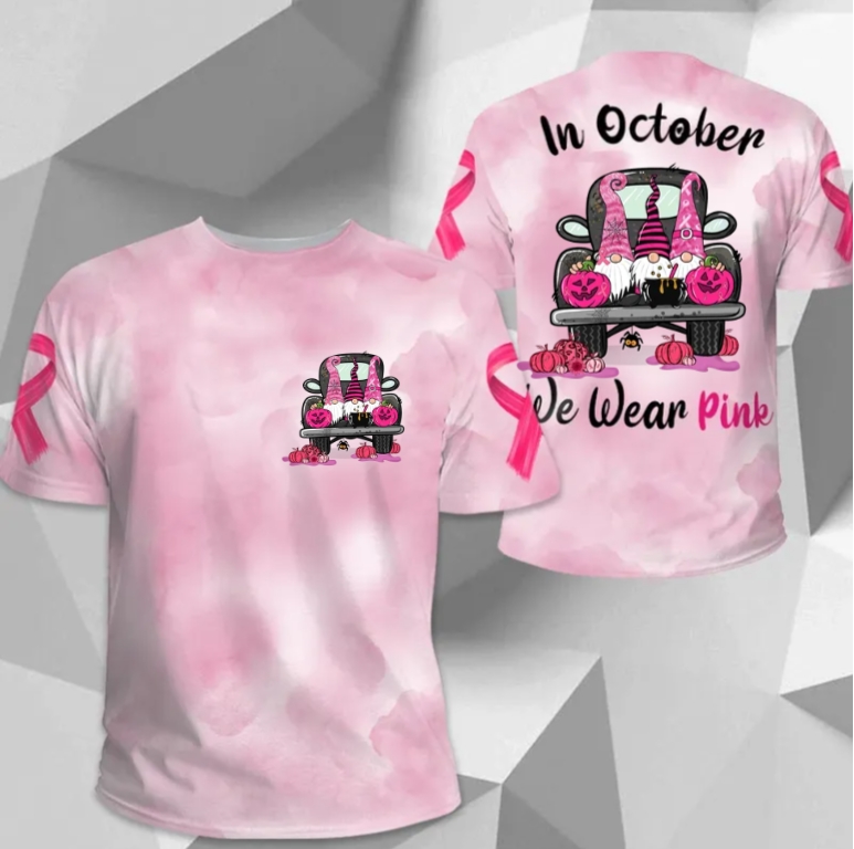 In October We Wear Pink, All Over Print Shirts For Breast Cancer Family Member, Halloween Truck & Gnomes, Name & Truck's Color Can Be Changed