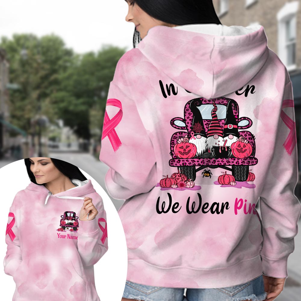 In October We Wear Pink, All Over Print Shirts For Breast Cancer Family Member, Halloween Truck & Gnomes, Name & Truck's Color Can Be Changed