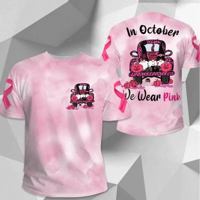 In October We Wear Pink, All Over Print Shirts For Breast Cancer Family Member, Halloween Truck & Gnomes, Name & Truck's Color Can Be Changed
