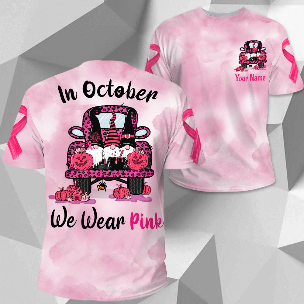 In October We Wear Pink, All Over Print Shirts For Breast Cancer Family Member, Halloween Truck & Gnomes, Name & Truck's Color Can Be Changed