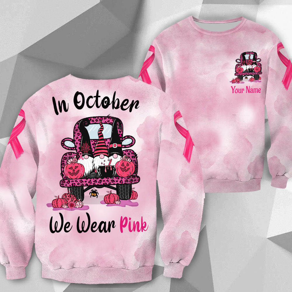 In October We Wear Pink, All Over Print Shirts For Breast Cancer Family Member, Halloween Truck & Gnomes, Name & Truck's Color Can Be Changed