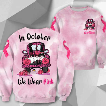 In October We Wear Pink, All Over Print Shirts For Breast Cancer Family Member, Halloween Truck & Gnomes, Name & Truck's Color Can Be Changed