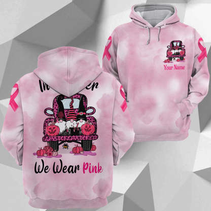 In October We Wear Pink, All Over Print Shirts For Breast Cancer Family Member, Halloween Truck & Gnomes, Name & Truck's Color Can Be Changed