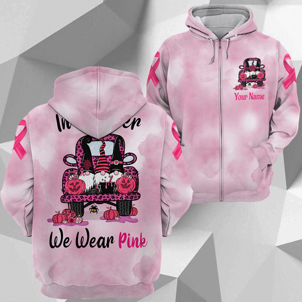 In October We Wear Pink, All Over Print Shirts For Breast Cancer Family Member, Halloween Truck & Gnomes, Name & Truck's Color Can Be Changed