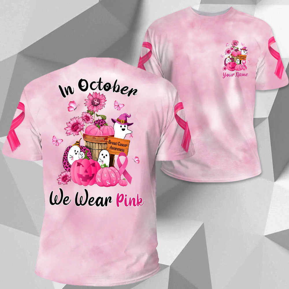 In October We Wear Pink, Shirts For Breast Cancer Family Member, Funny Little Ghost & Pumpkin, Name Can Be Changed