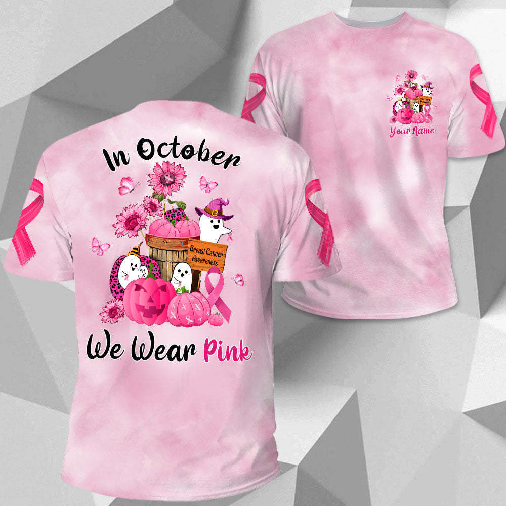 In October We Wear Pink, Shirts For Breast Cancer Family Member, Funny Little Ghost & Pumpkin, Name Can Be Changed
