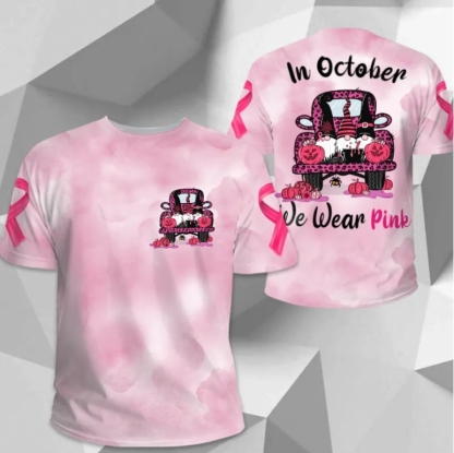 In October We Wear Pink, All Over Print Shirts For Breast Cancer Family Member, Halloween Truck & Gnomes, Name & Truck's Color Can Be Changed