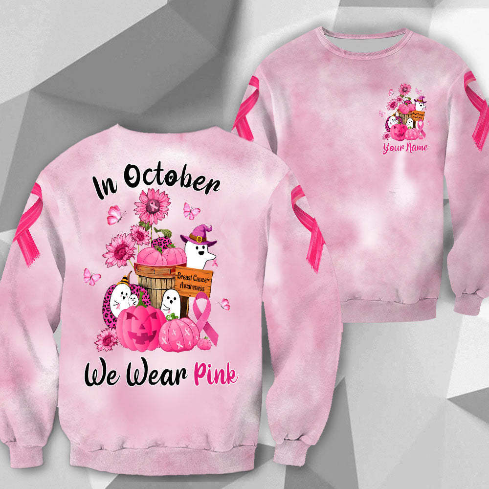 In October We Wear Pink, Shirts For Breast Cancer Family Member, Funny Little Ghost & Pumpkin, Name Can Be Changed