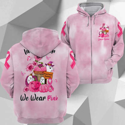 In October We Wear Pink, Shirts For Breast Cancer Family Member, Funny Little Ghost & Pumpkin, Name Can Be Changed