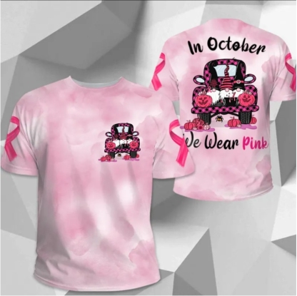 In October We Wear Pink, All Over Print Shirts For Breast Cancer Family Member, Halloween Truck & Gnomes, Name & Truck's Color Can Be Changed