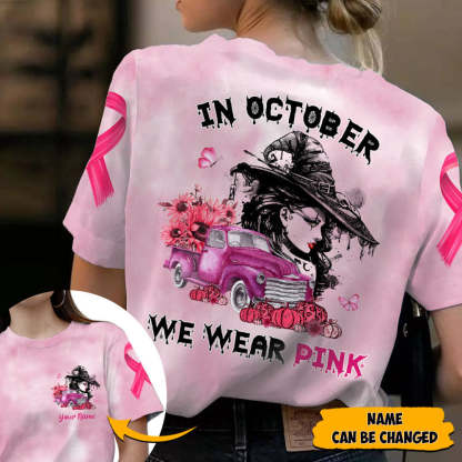 In October We Wear Pink, Shirts For Breast Cancer Family Member, Halloween Truck With Sunflower, Pumpkin & Witch, Name Can Be Changed