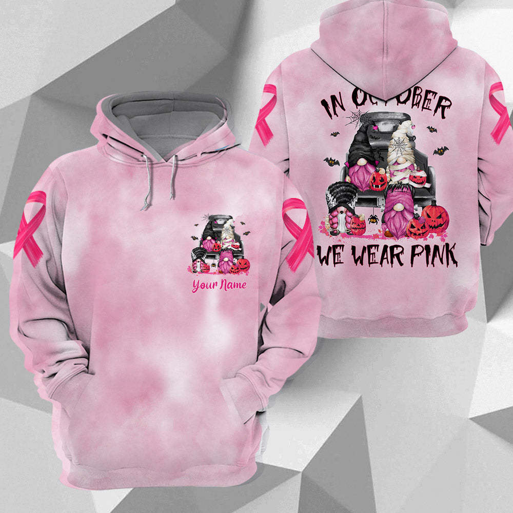 In October We Wear Pink, Shirts For Helping Raise Awareness Of Breast Cancer, Halloween Gnomes Art Print, Name Can Be Changed