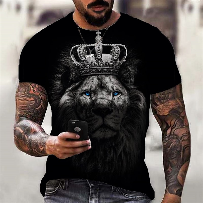 Men's T shirt Tee 3D Print Graphic Lion Crew Neck Daily Sports Print Short Sleeve Tops Casual Classic Designer Big and Tall Black.jpg