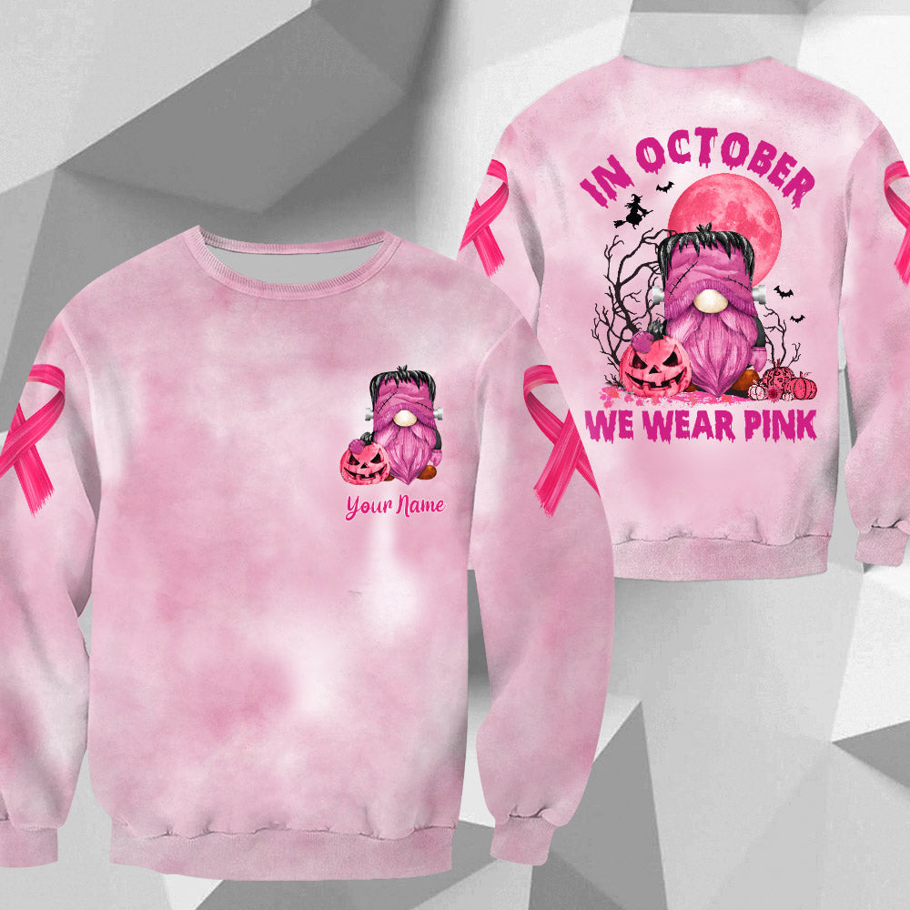 In October We Wear Pink, Shirts For Helping Raise Awareness Of Breast Cancer, Frankenstein Gnome Halloween, Name Can Be Changed